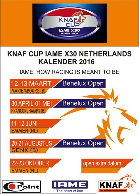 Iame X30 kalender KNAF Cup Iame X30 Netherlands en X30 Challenge Benelux Open